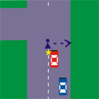 пешеходов не видно из-за автомобиля, поворачивающего налево